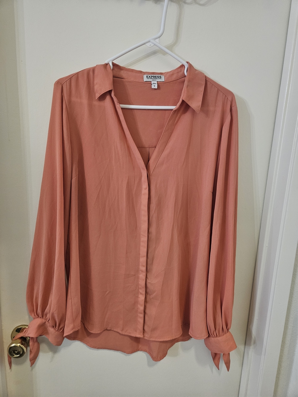 Express Coral Button-Front Blouse with Tie Cuffs